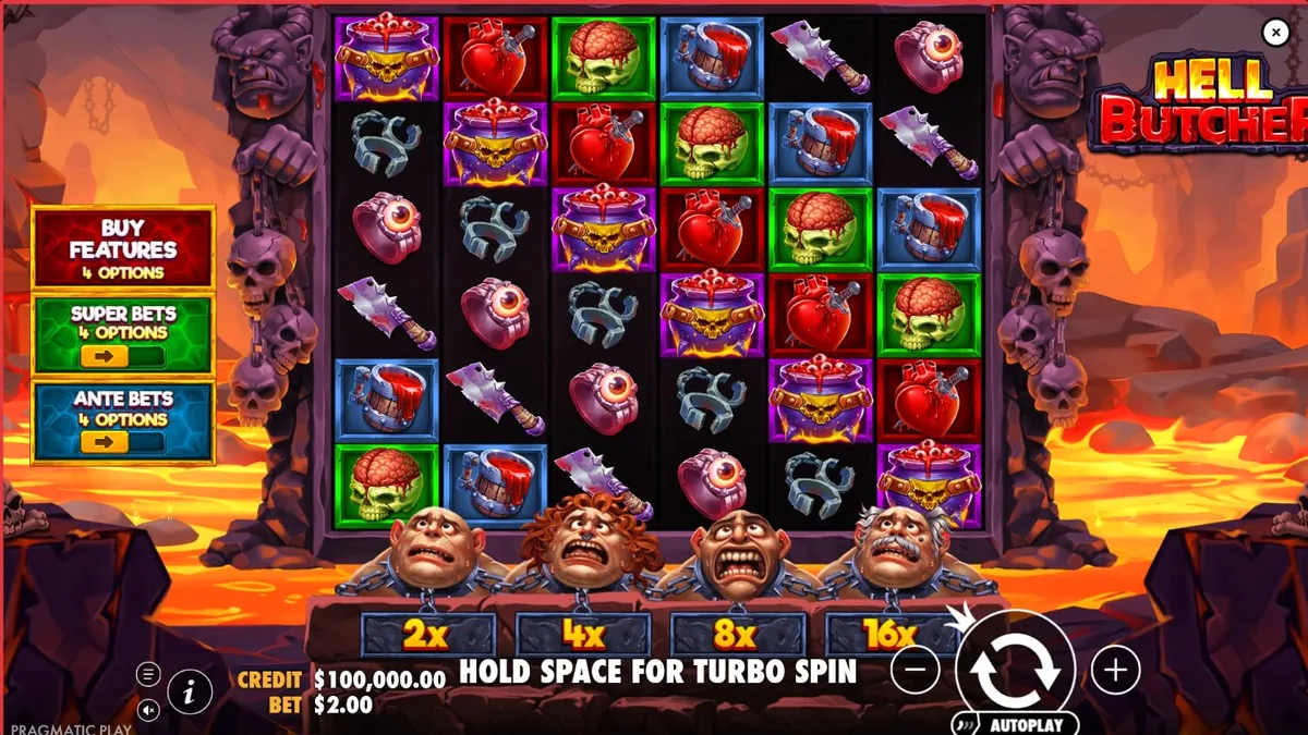 Hell Butcher slot game interface na may madilim na tema at mga simbolo ng horror.