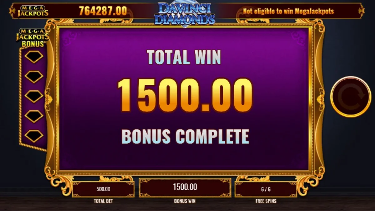 Mega Jackpot DaVinci Diamonds mobile gameplay interface
